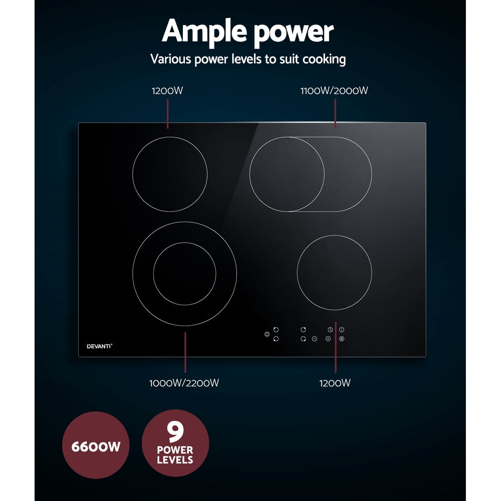 Multiple pans cooking across the 77 cm ceramic cooktop