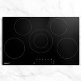 Black 90 cm ceramic cooktop with six cooking zones, top view