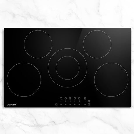 Black 90 cm ceramic cooktop with six cooking zones, top view