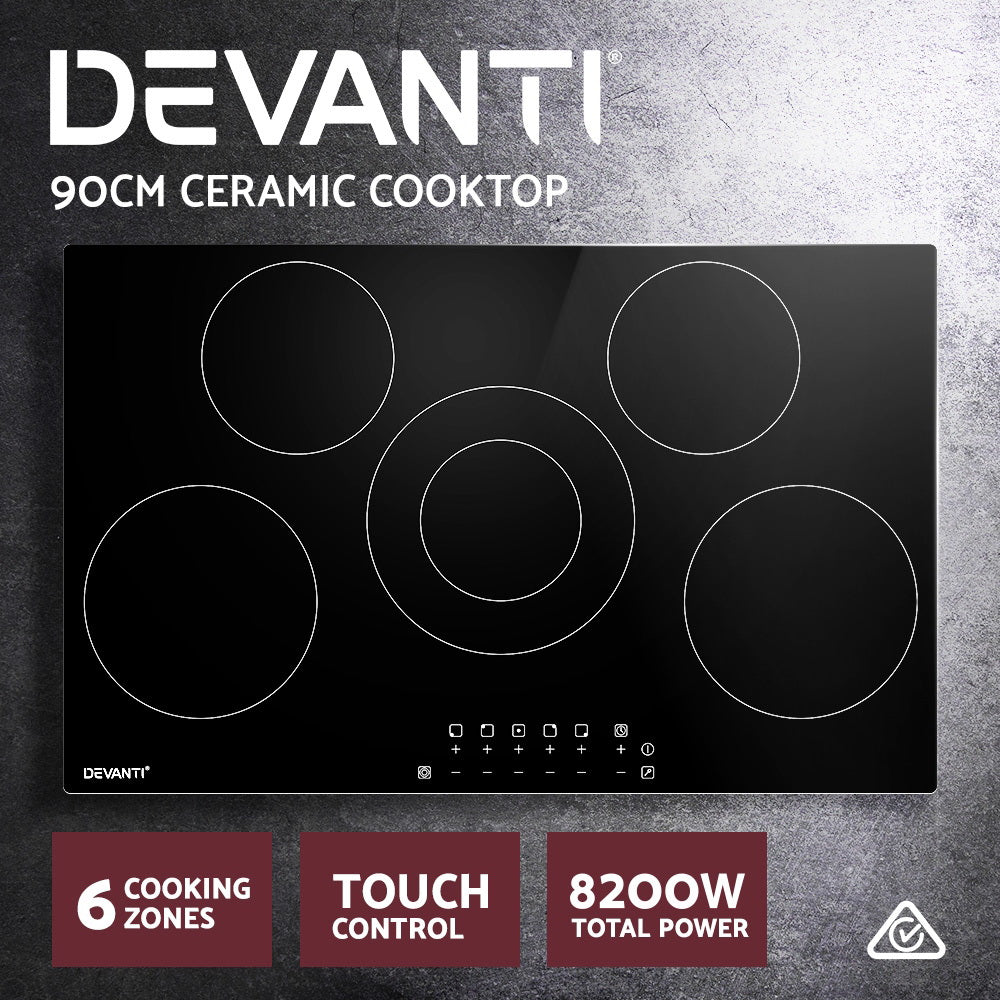 90 cm ceramic cooktop installed flush in a wide kitchen benchtop