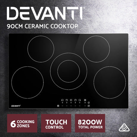 90 cm ceramic cooktop installed flush in a wide kitchen benchtop