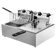 Stainless steel commercial deep fryer with two baskets and lids, front view