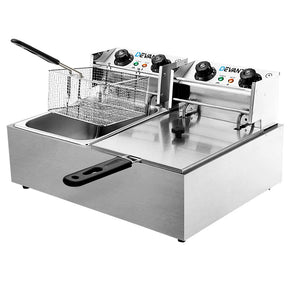 Stainless steel commercial deep fryer with two baskets and lids, front view