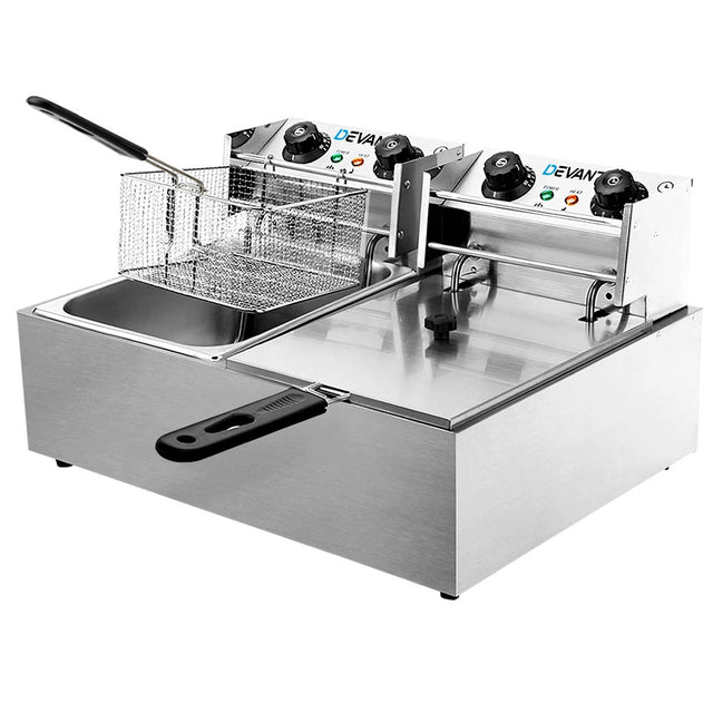 Stainless steel commercial deep fryer with two baskets and lids, front view