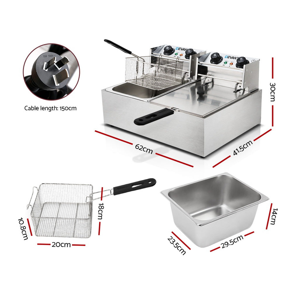 Twin tank 20 L deep fryer shown at an angle in silver stainless steel
