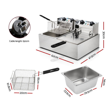 Twin tank 20 L deep fryer shown at an angle in silver stainless steel