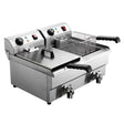 Stainless steel twin tank commercial deep fryer with oil drain taps, front view