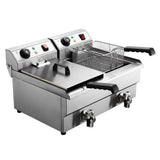 Stainless steel twin tank commercial deep fryer with oil drain taps, front view