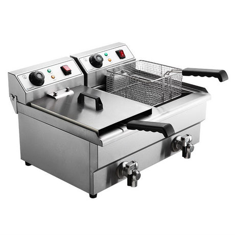 Stainless steel twin tank commercial deep fryer with oil drain taps, front view