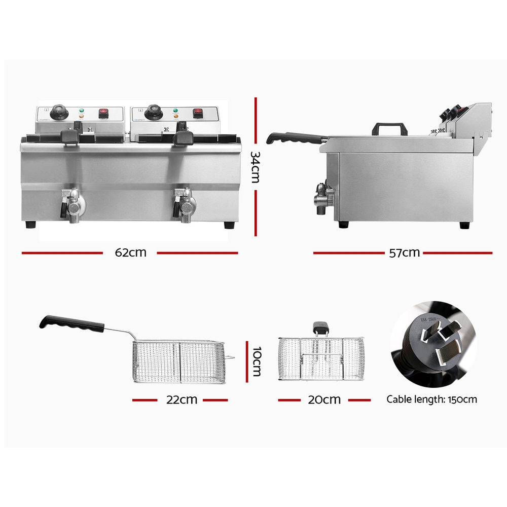 20 L double basket deep fryer shown at an angle in silver stainless steel