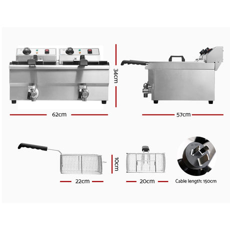 20 L double basket deep fryer shown at an angle in silver stainless steel