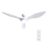 White ceiling fan shown with extension rod and mounting hardware