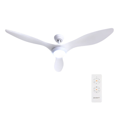 White ceiling fan shown with extension rod and mounting hardware