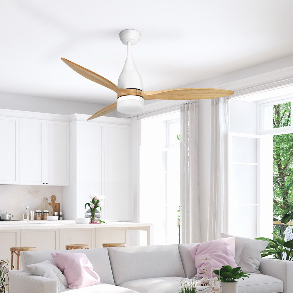 132 cm ceiling fan with three light wood blades and LED light