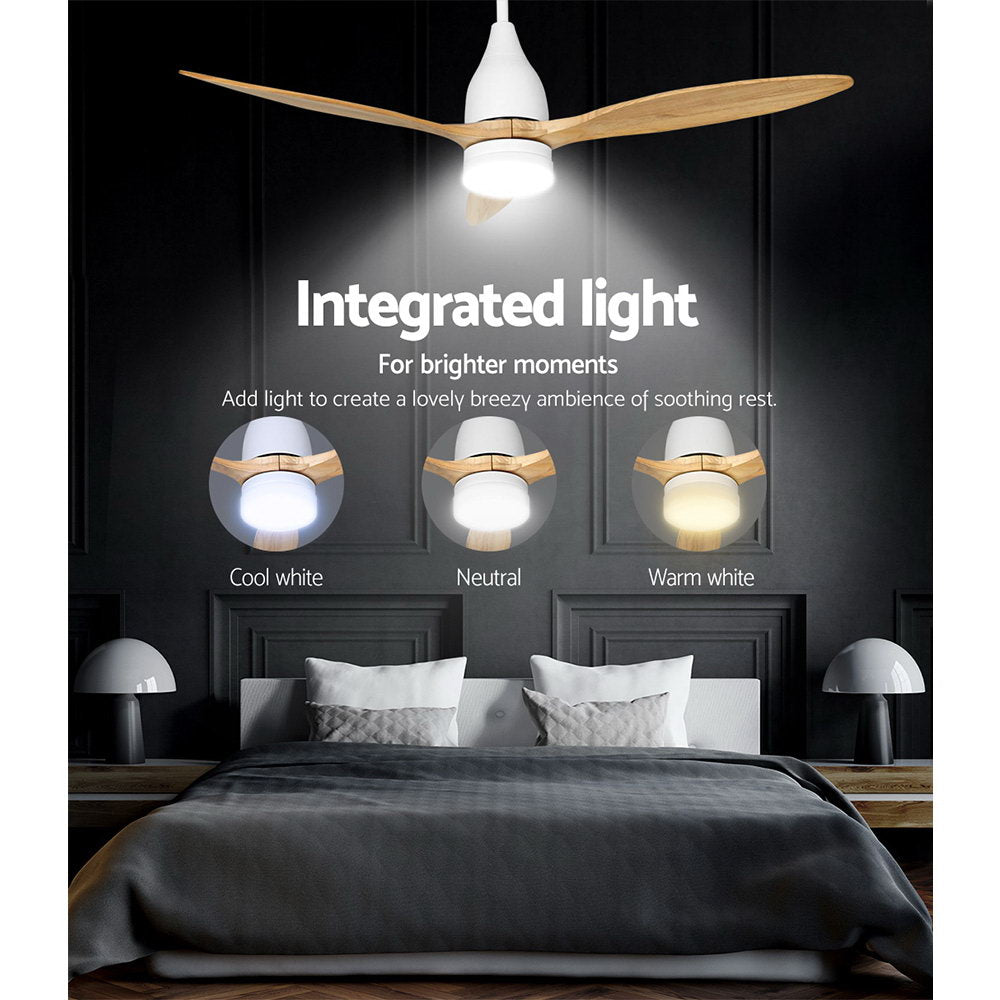 Side profile of the light wood ceiling fan with metal body