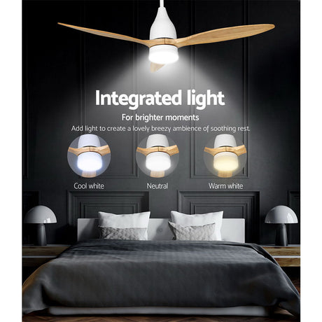 Side profile of the light wood ceiling fan with metal body