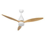 Light wood ceiling fan installed in a bedroom ceiling