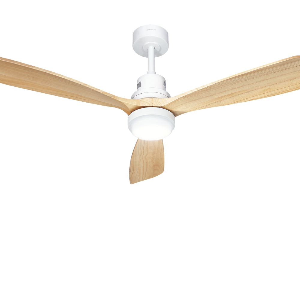 Underside of the light wood ceiling fan showing LED light panel