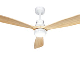 Underside of the light wood ceiling fan showing LED light panel