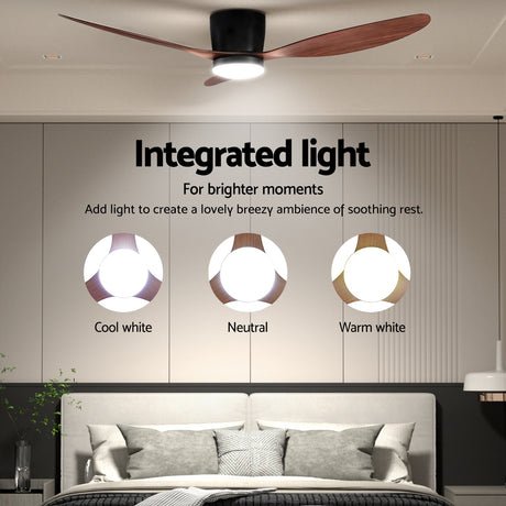 Built in LED light of the ceiling fan showing three colour lighting settings