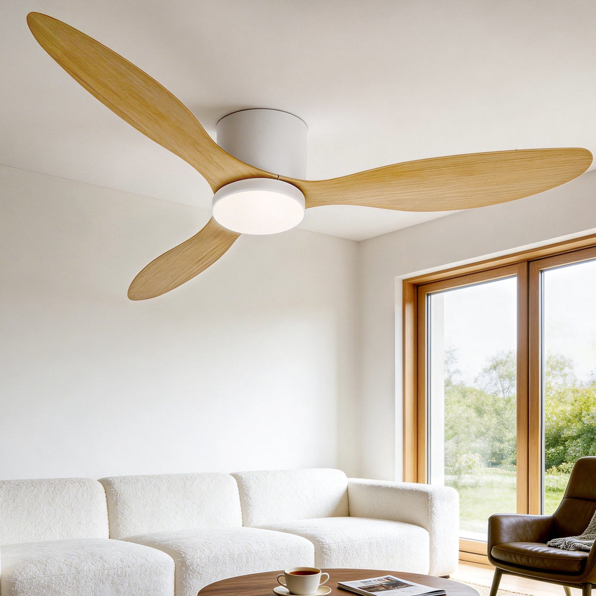 Light wood 132 cm ceiling fan with three blades and built in LED light