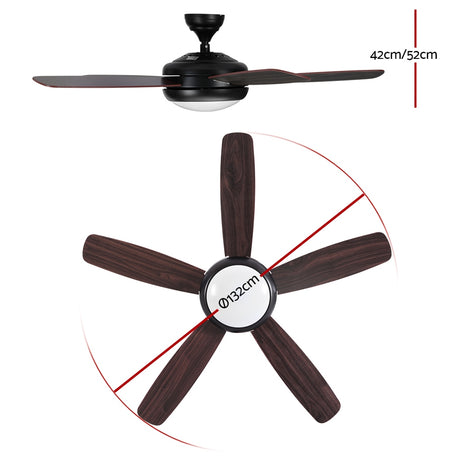 Underside of the five blade dark wood ceiling fan showing LED light