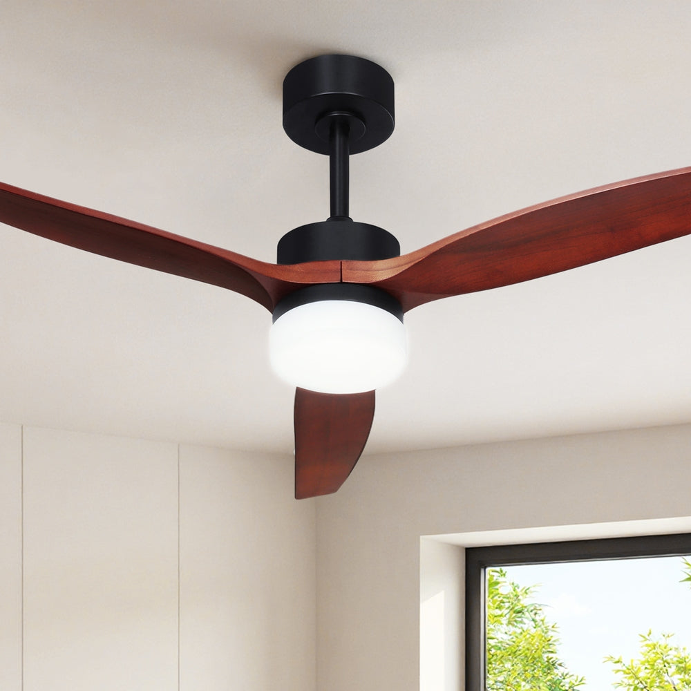 132 cm DC motor ceiling fan with three dark wood blades and LED light