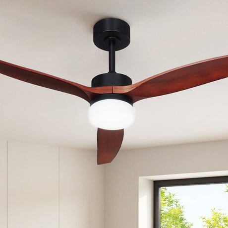 132 cm DC motor ceiling fan with three dark wood blades and LED light