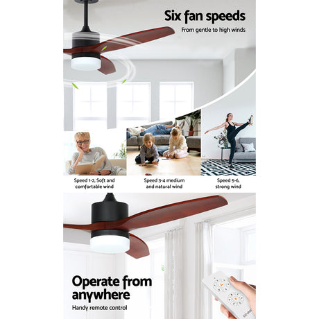 Side profile of the dark wood ceiling fan with metal body