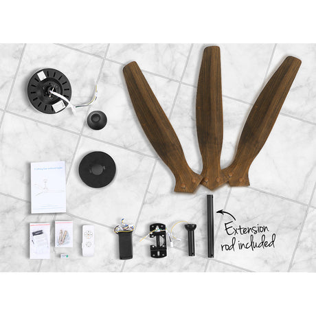 Side profile of the dark wood ceiling fan with steel body