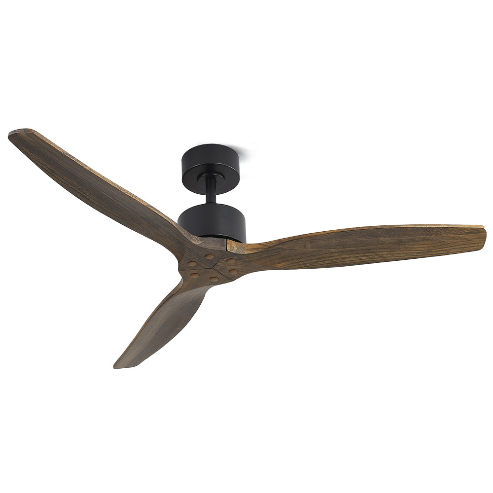 Dark wood ceiling fan installed in a living room ceiling