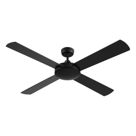 Underside of the black four blade ceiling fan
