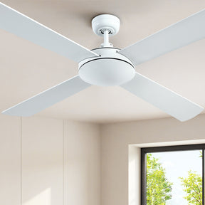 Tulum white 52 inch AC ceiling fan with wooden blades and no light in a coastal bedroom