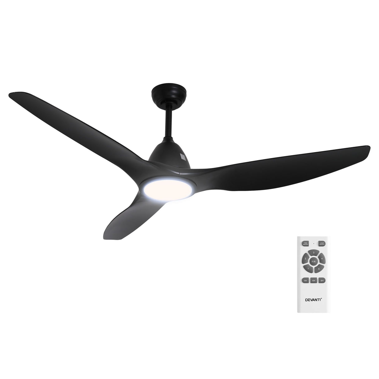 Large black ceiling fan mounted in an open plan living area