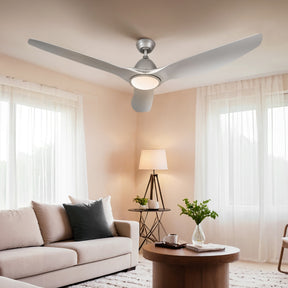Santorini silver 64 inch DC ceiling fan with steel body and LED light in an open plan room