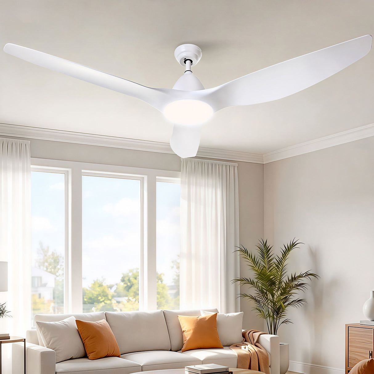 White 163 cm ceiling fan with three blades and built in LED light
