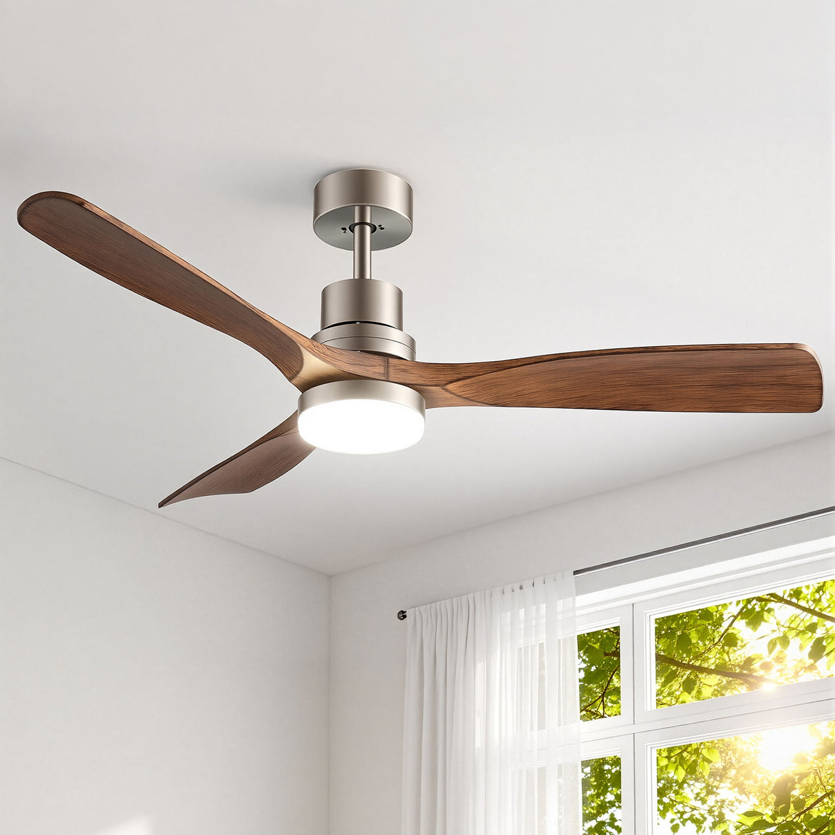 132 cm smart ceiling fan with timber look brown blades and LED light