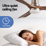 Brown smart ceiling fan installed in a modern living room