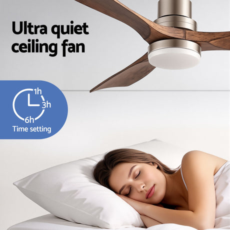 Brown smart ceiling fan installed in a modern living room