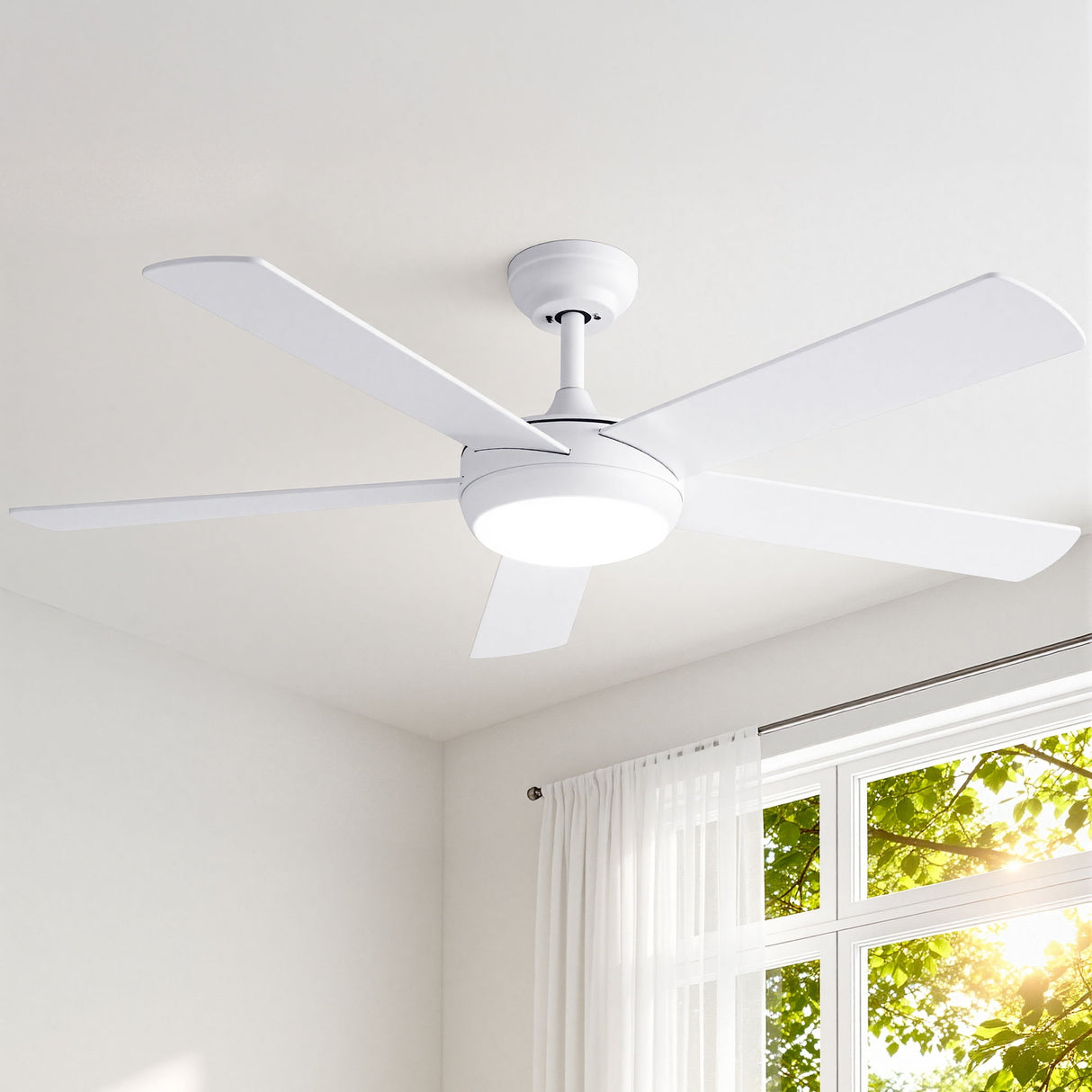 White 132 cm five blade ceiling fan with DC motor and LED light
