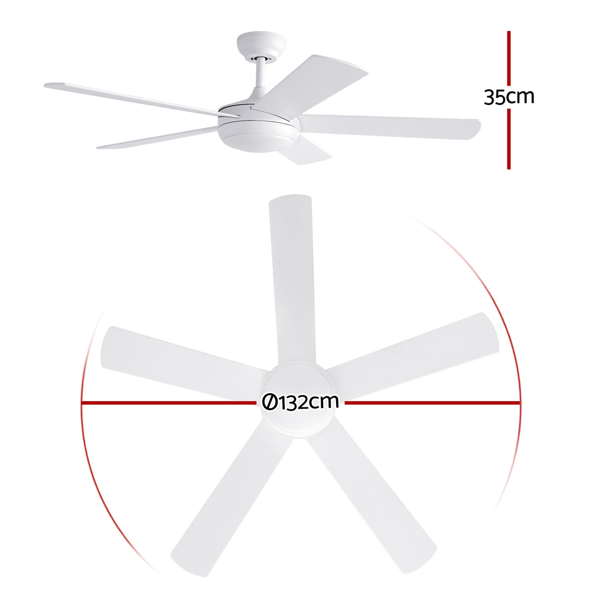 Underside of the white five blade ceiling fan showing LED light panel