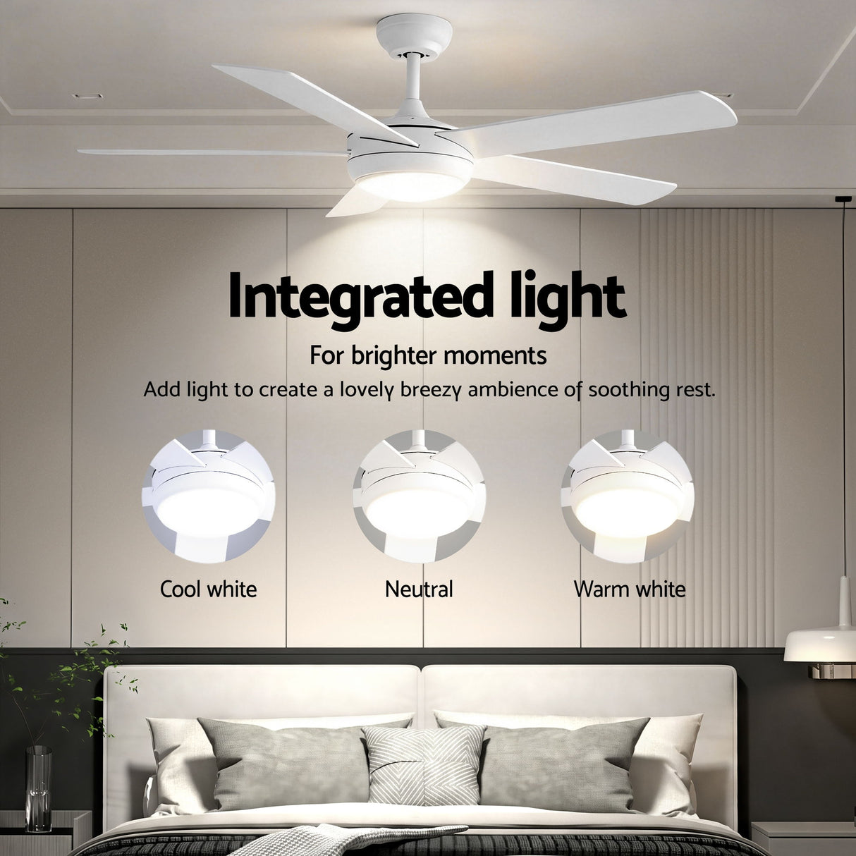 Ceiling fan LED light shown in three colour temperature settings
