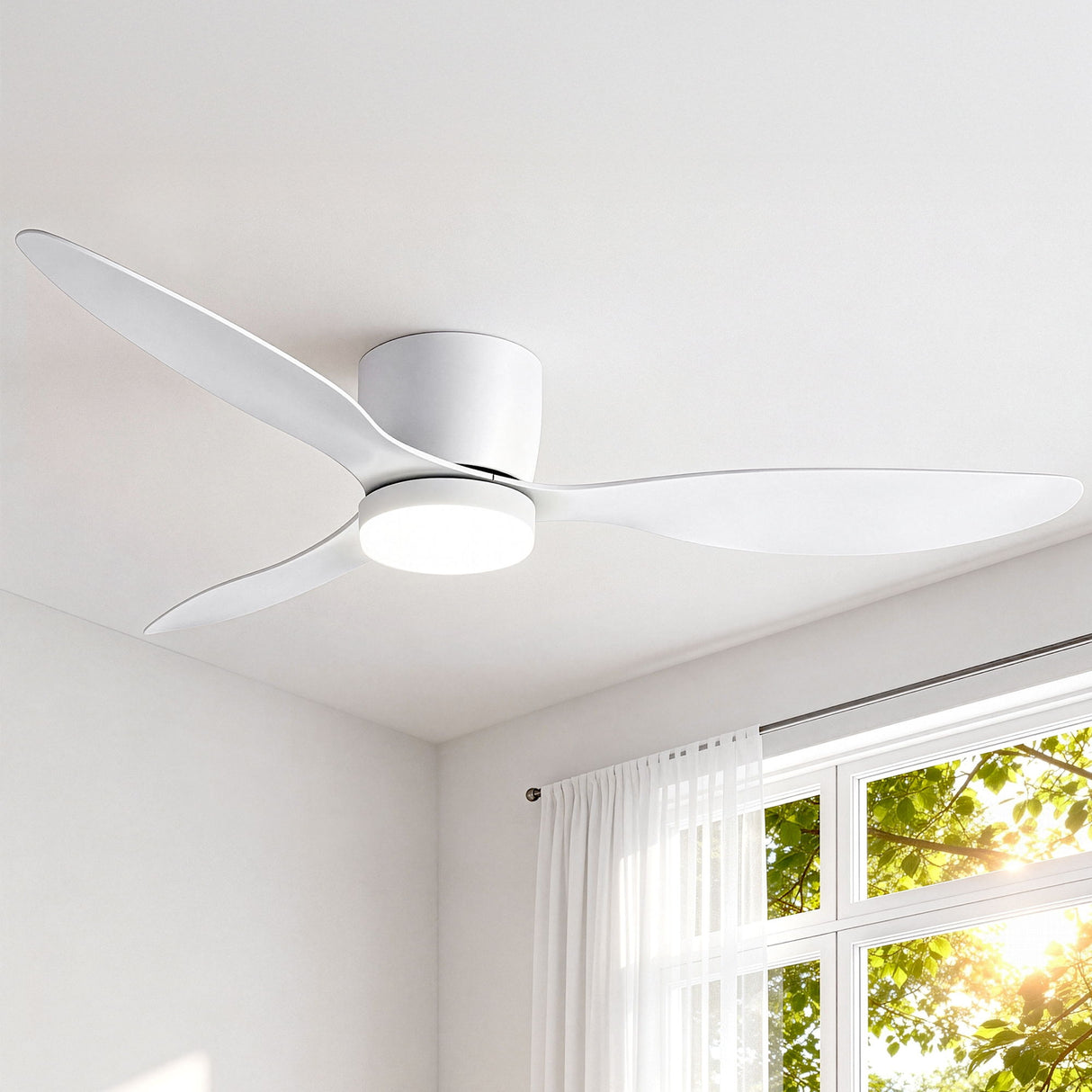 White 132 cm three blade ceiling fan with DC motor and LED light