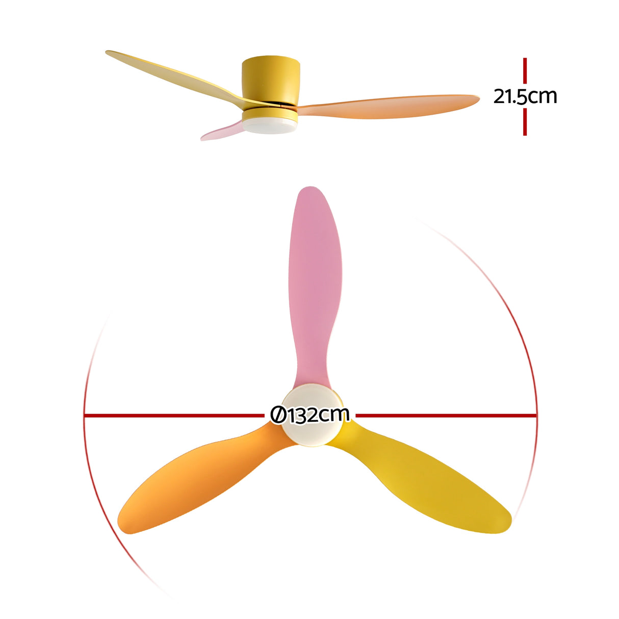 Underside of the multicoloured 52 inch ceiling fan showing LED light