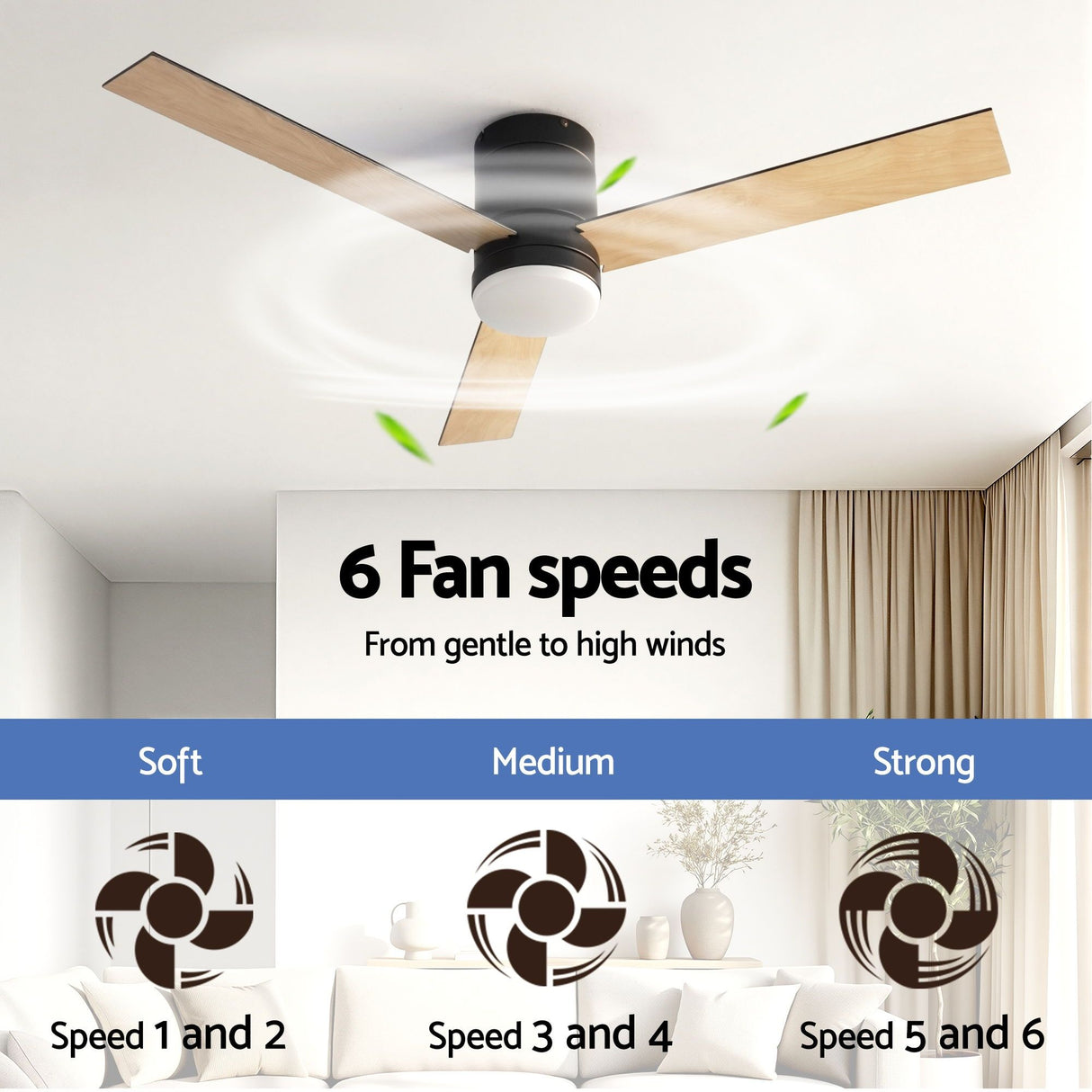 Ceiling fan LED light shown in three colour temperature settings