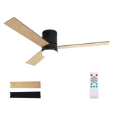Light wood and black ceiling fan installed in a living room