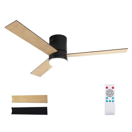 Light wood and black ceiling fan installed in a living room