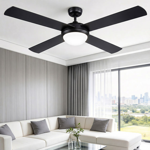 Black 132 cm four blade ceiling fan with DC motor and LED light
