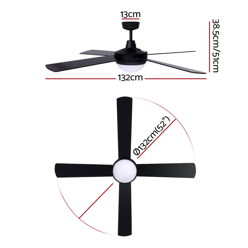 Underside of the black four blade ceiling fan showing LED light