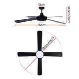 Underside of the black four blade ceiling fan showing LED light